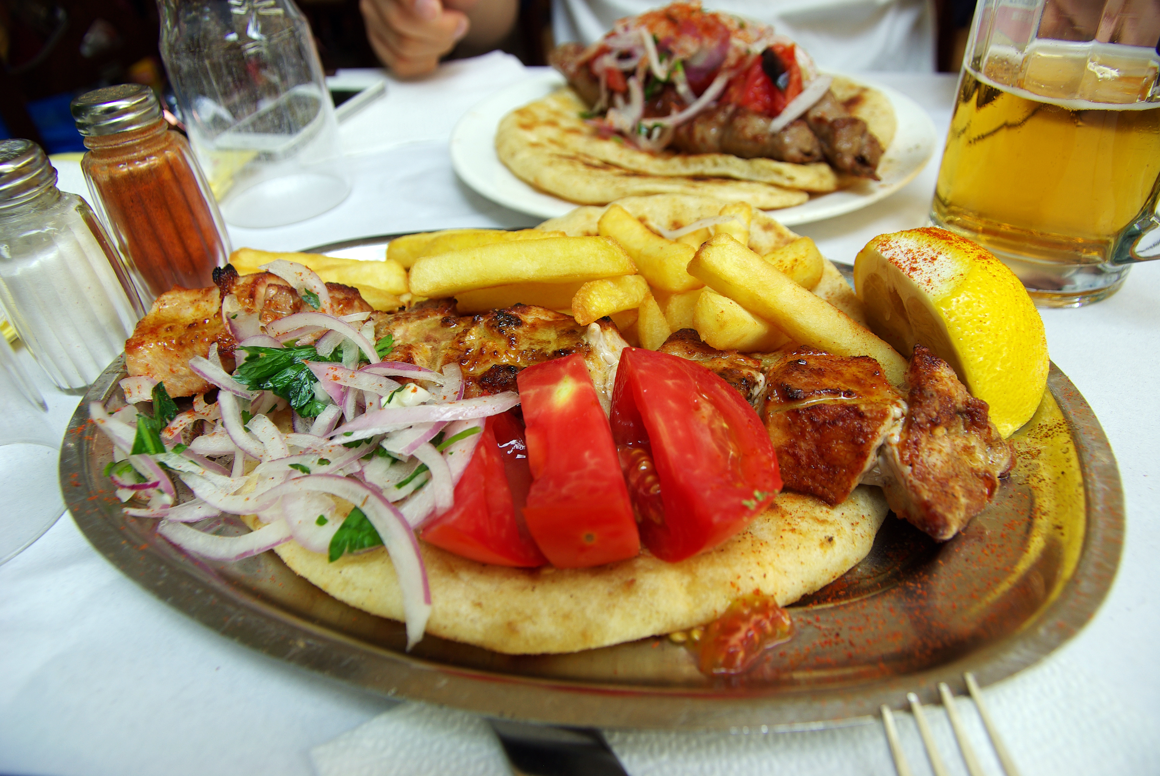 Souvlaki plate close up. Athens, Greece